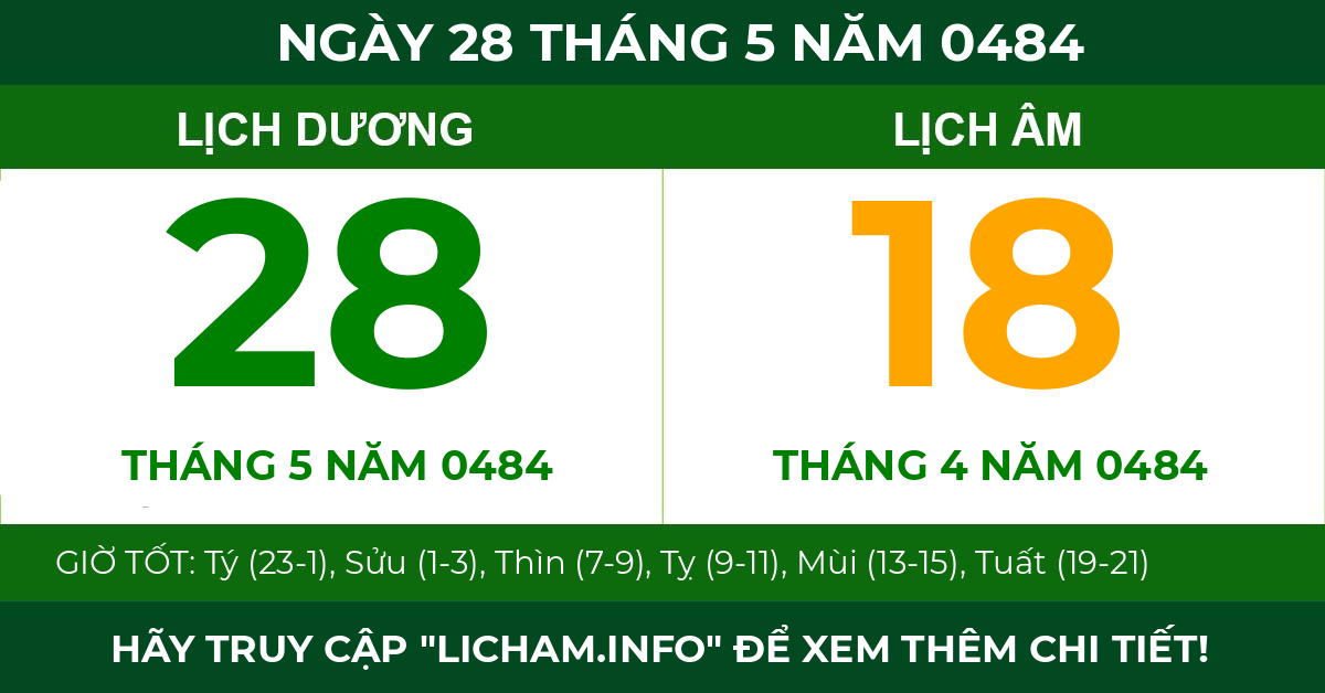 lịch âm ngày 28 tháng 5 năm 0484