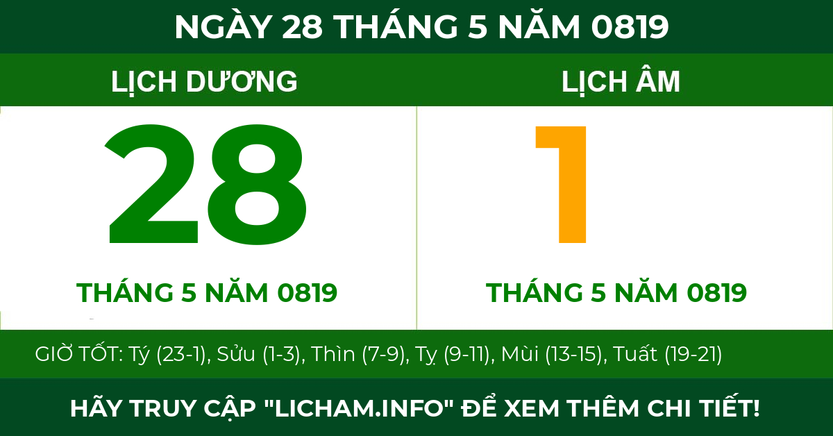lịch âm ngày 28 tháng 5 năm 0819