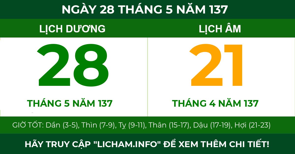 lịch âm ngày 28 tháng 5 năm 137