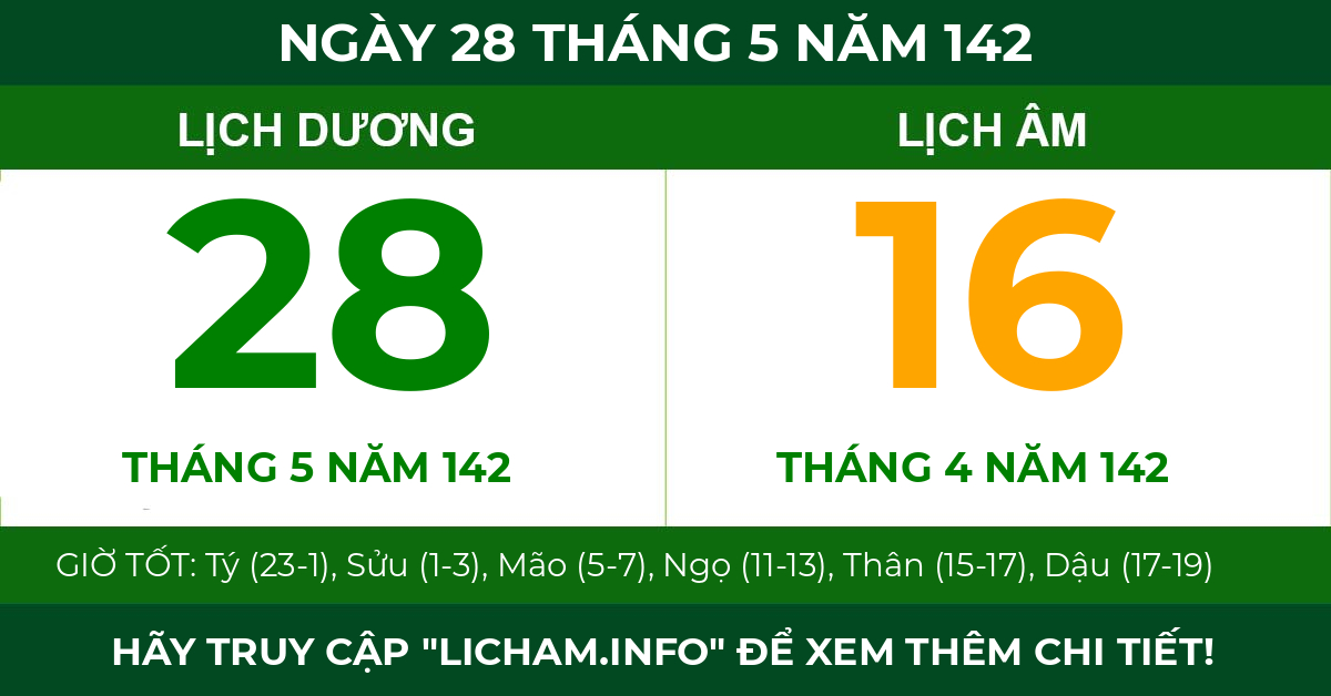 lịch âm ngày 28 tháng 5 năm 142