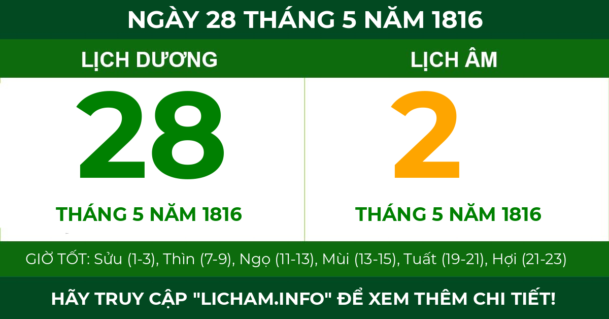 lịch âm ngày 28 tháng 5 năm 1816