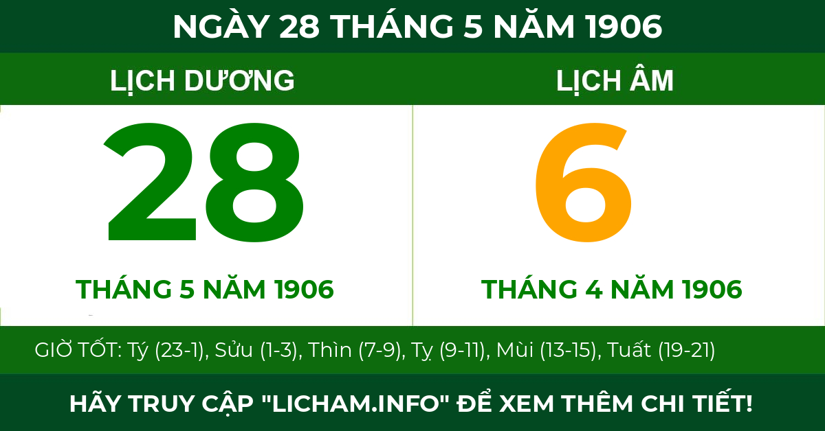 lịch âm ngày 28 tháng 5 năm 1906