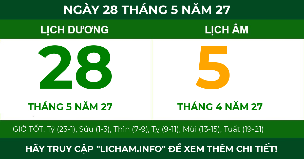 lịch âm ngày 28 tháng 5 năm 27