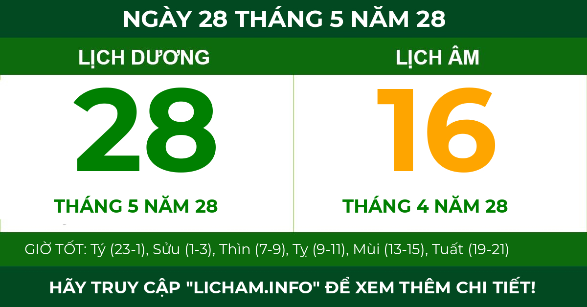 lịch âm ngày 28 tháng 5 năm 28