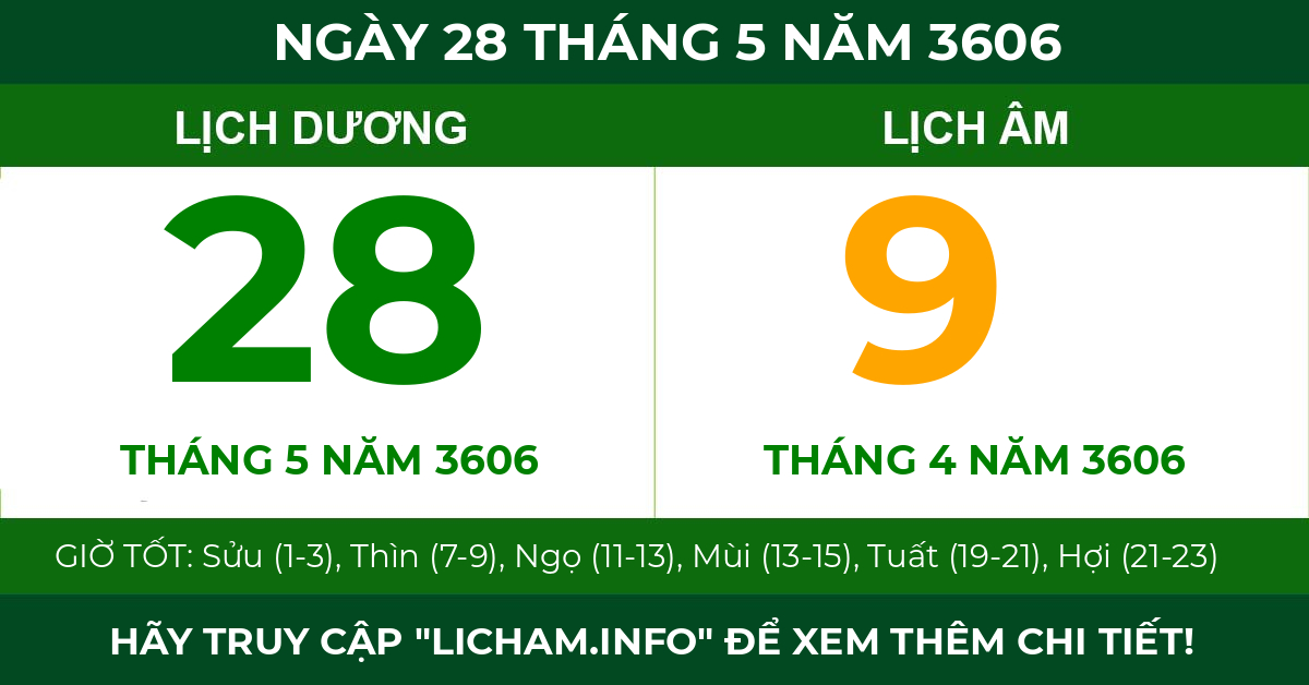 lịch âm ngày 28 tháng 5 năm 3606