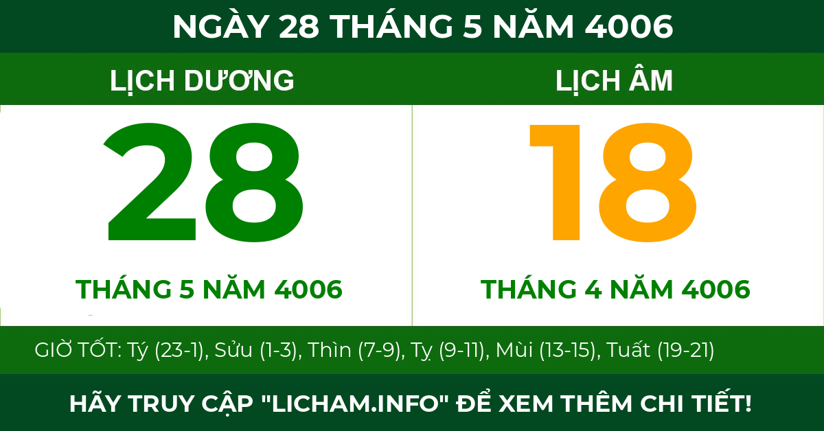 lịch âm ngày 28 tháng 5 năm 4006
