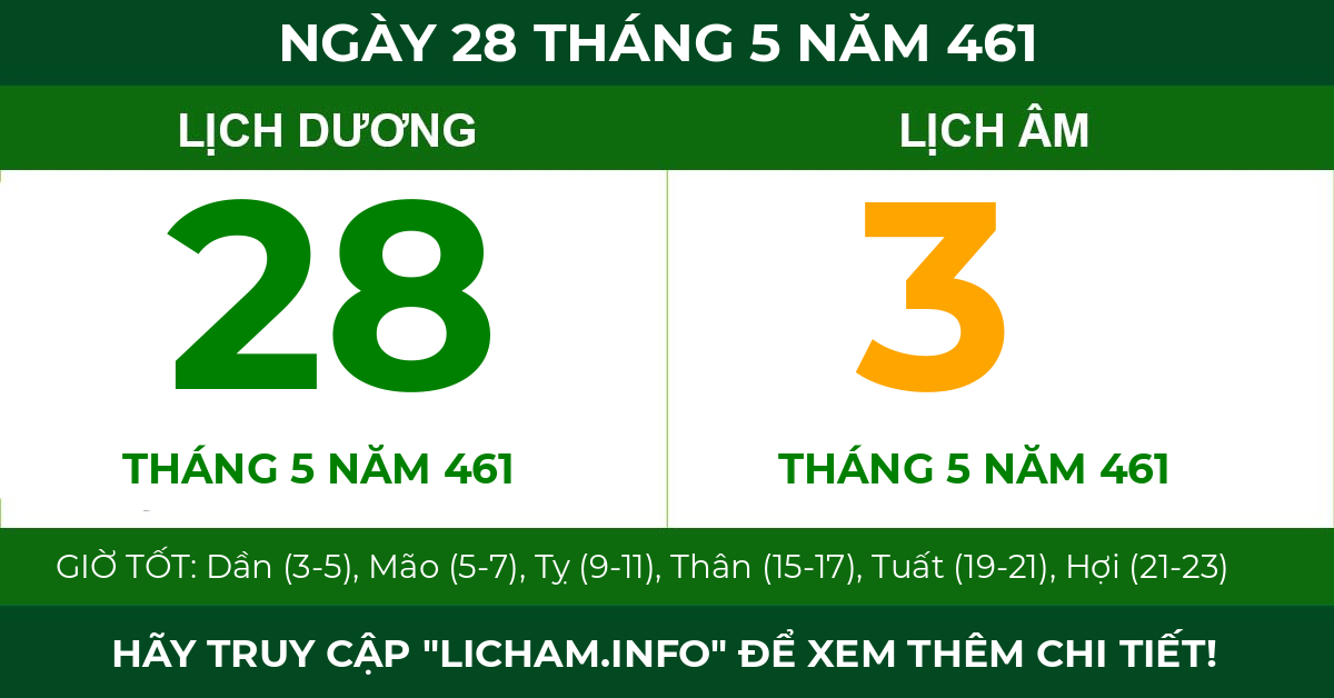lịch âm ngày 28 tháng 5 năm 461