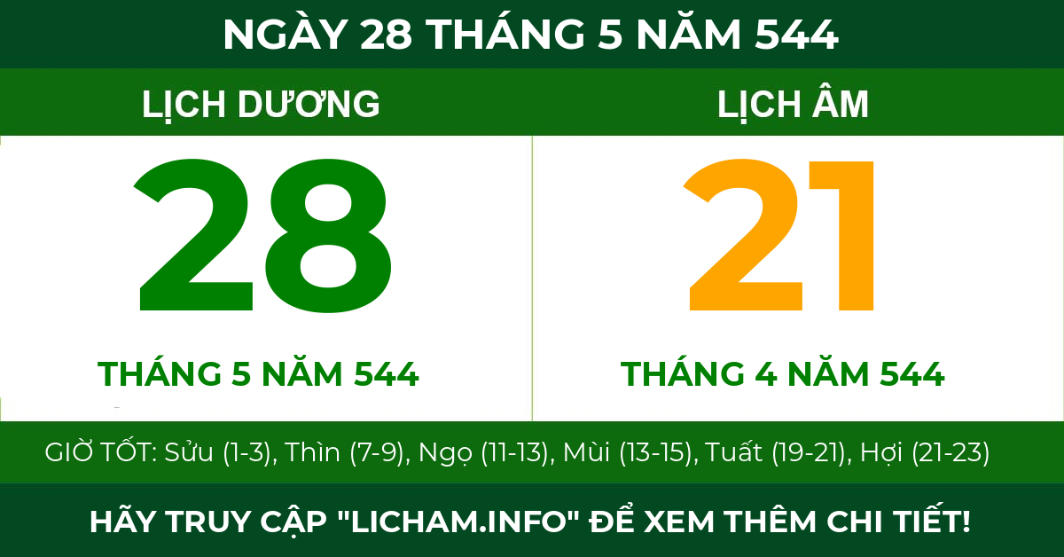 lịch âm ngày 28 tháng 5 năm 544