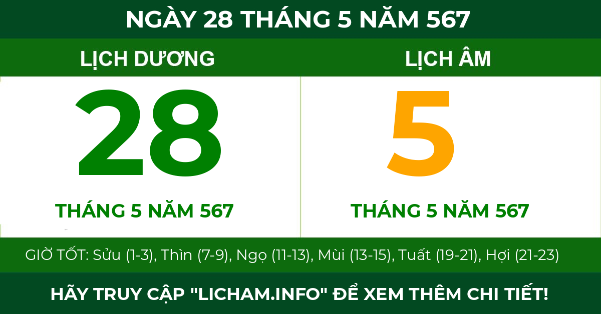 lịch âm ngày 28 tháng 5 năm 567
