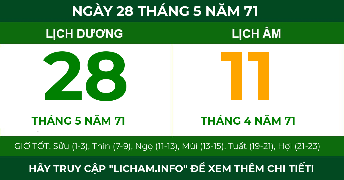 lịch âm ngày 28 tháng 5 năm 71