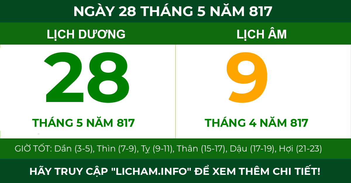 lịch âm ngày 28 tháng 5 năm 817