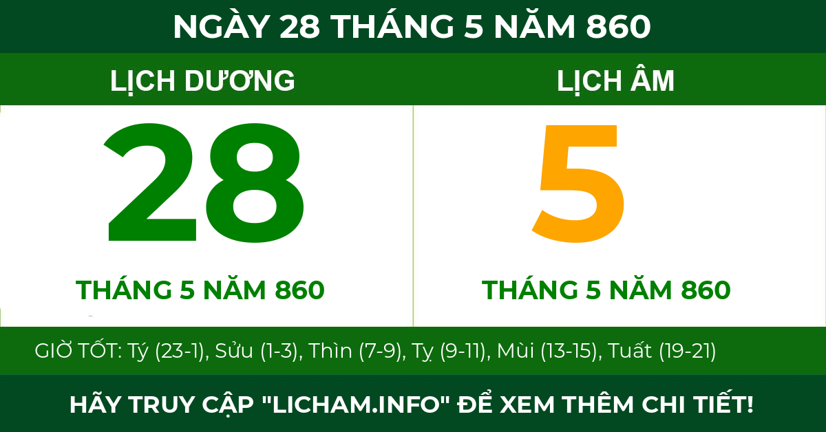 lịch âm ngày 28 tháng 5 năm 860