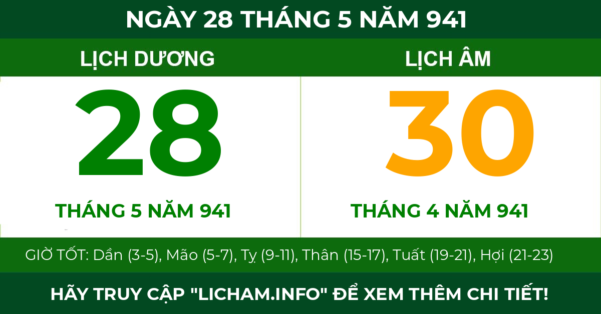 lịch âm ngày 28 tháng 5 năm 941