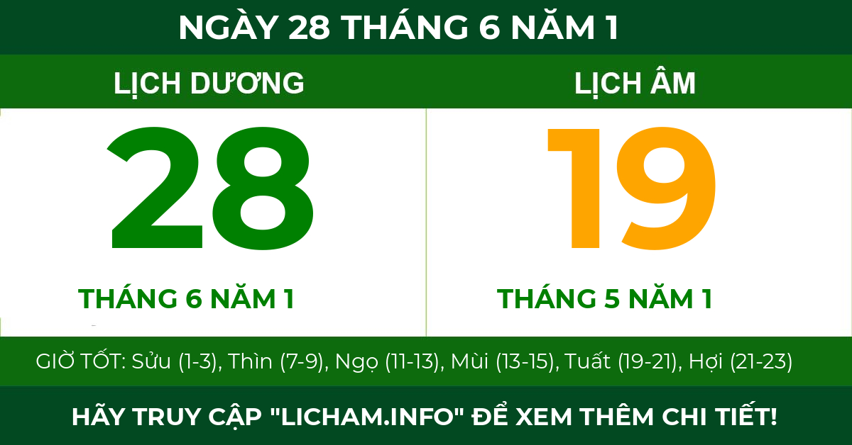 lịch âm ngày 28 tháng 6 năm 1