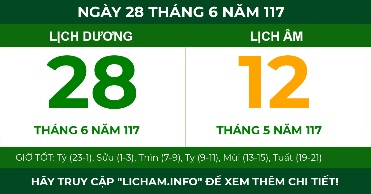 lịch âm ngày 28 tháng 6 năm 117