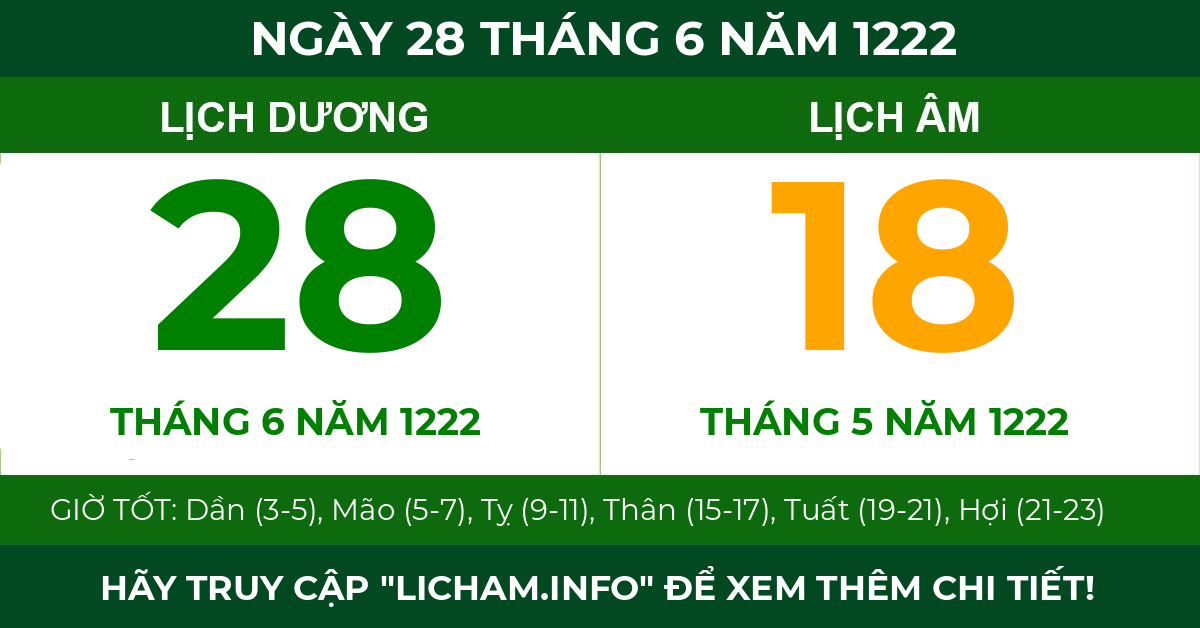 lịch âm ngày 28 tháng 6 năm 1222