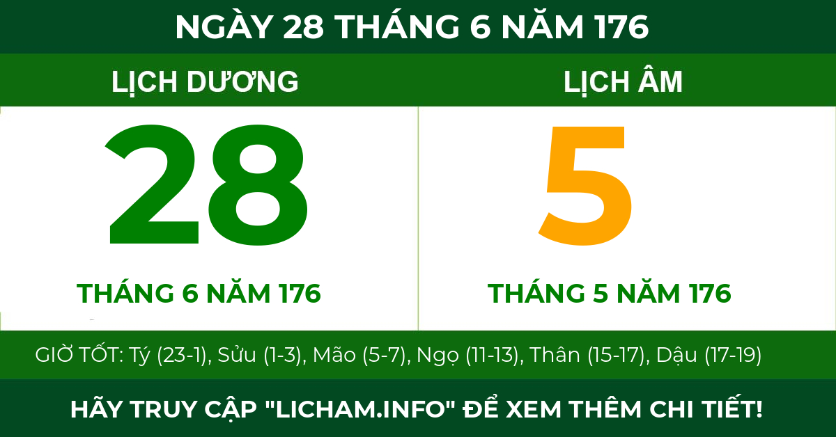 lịch âm ngày 28 tháng 6 năm 176