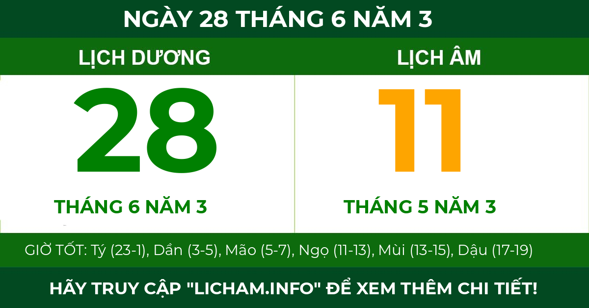 lịch âm ngày 28 tháng 6 năm 3