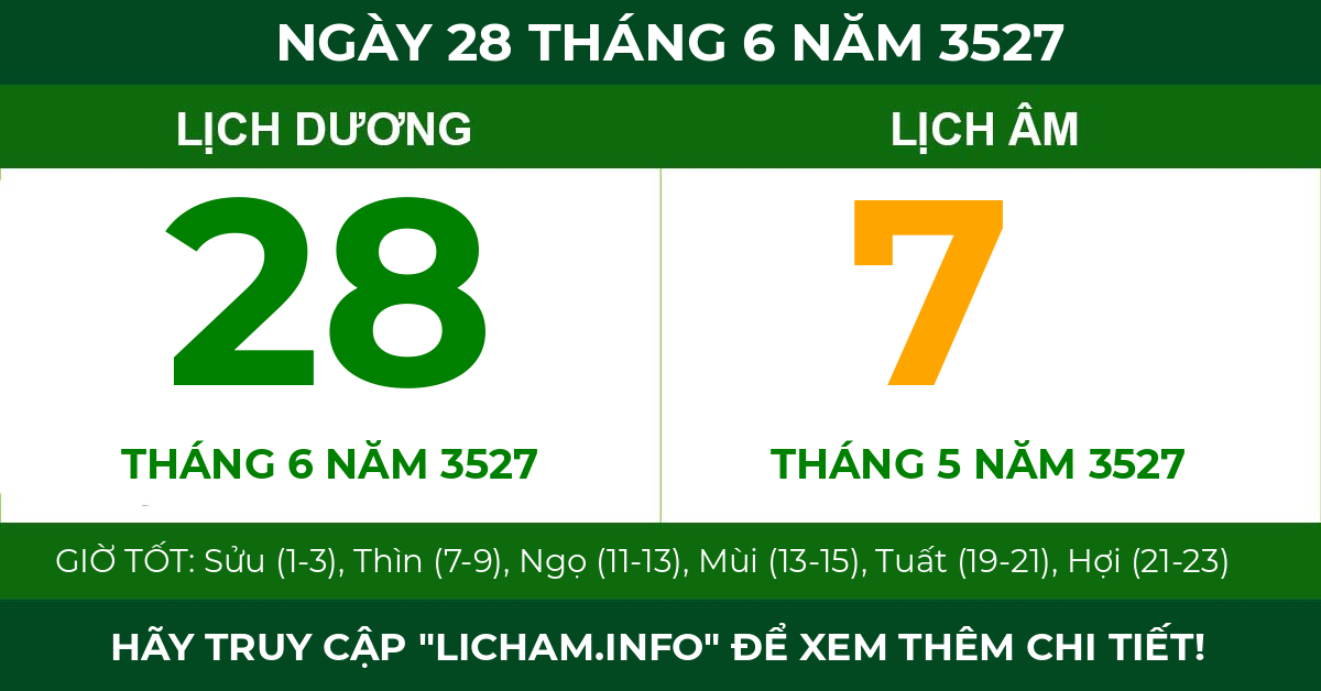lịch âm ngày 28 tháng 6 năm 3527