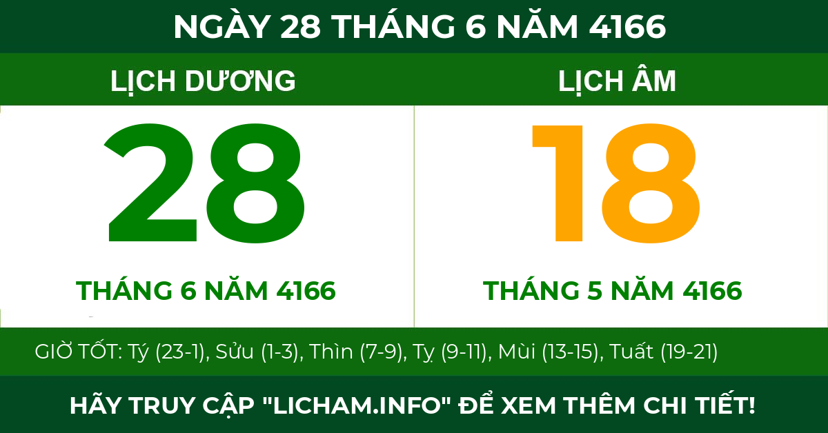 lịch âm ngày 28 tháng 6 năm 4166