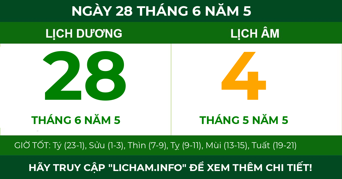 lịch âm ngày 28 tháng 6 năm 5