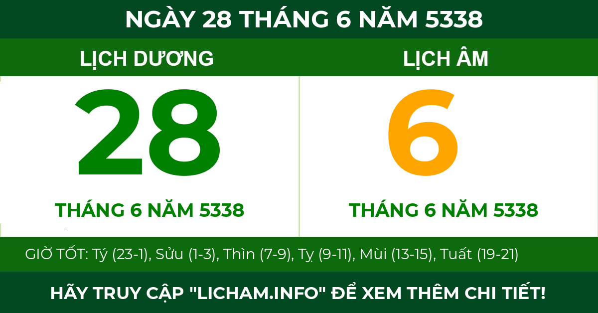 lịch âm ngày 28 tháng 6 năm 5338