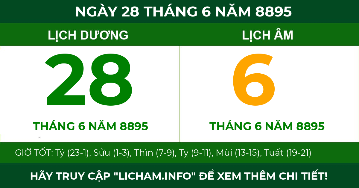 lịch âm ngày 28 tháng 6 năm 8895