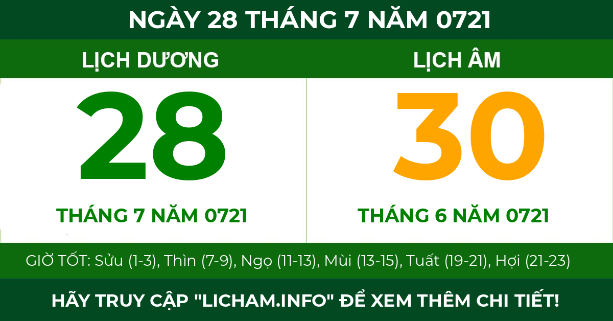 lịch âm ngày 28 tháng 7 năm 0721