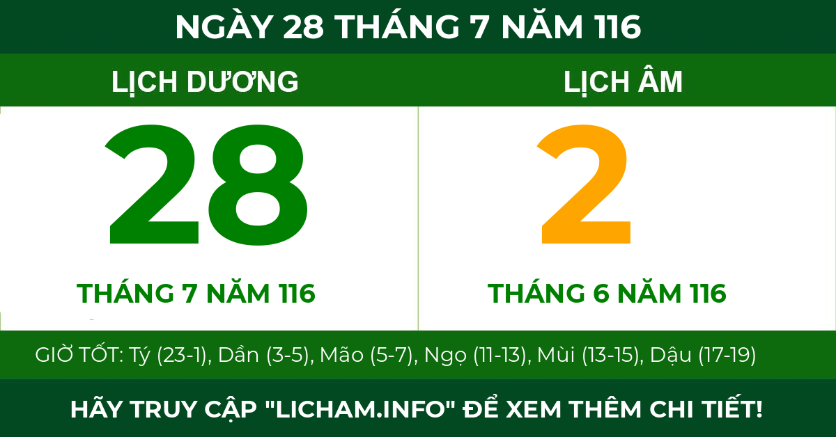 lịch âm ngày 28 tháng 7 năm 116