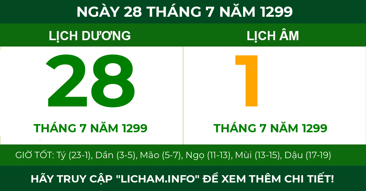 lịch âm ngày 28 tháng 7 năm 1299