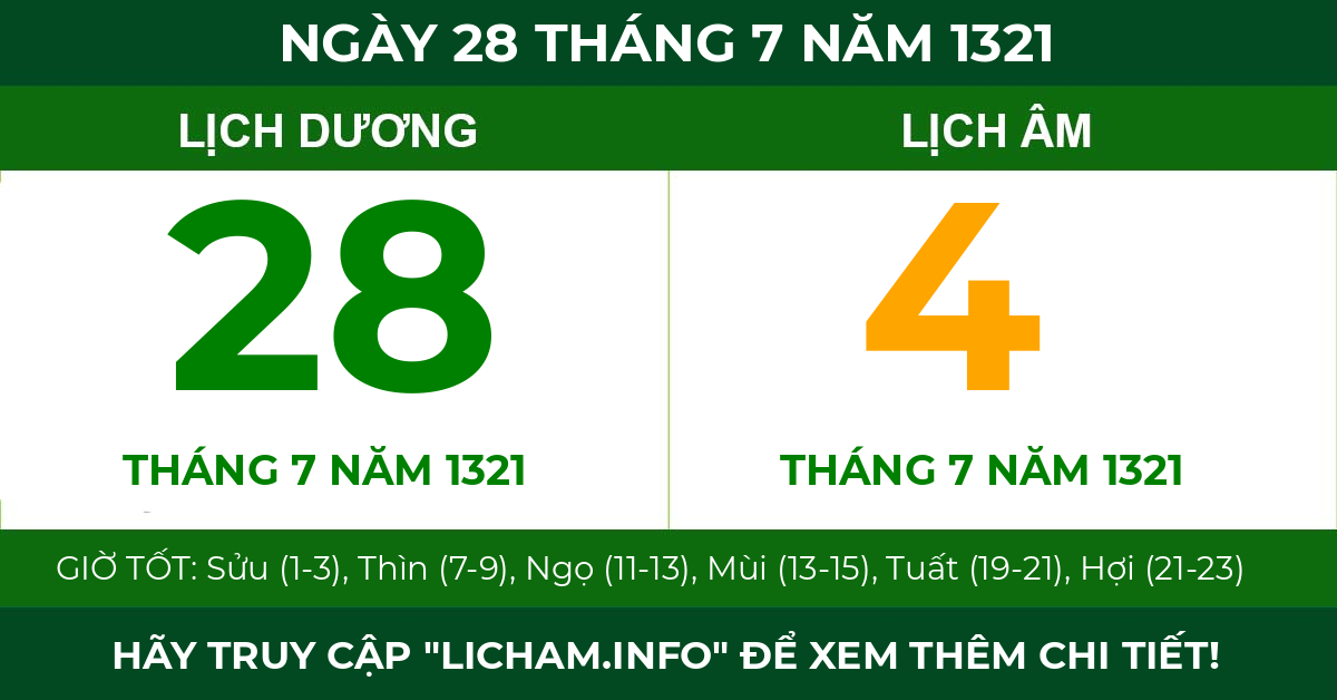 lịch âm ngày 28 tháng 7 năm 1321