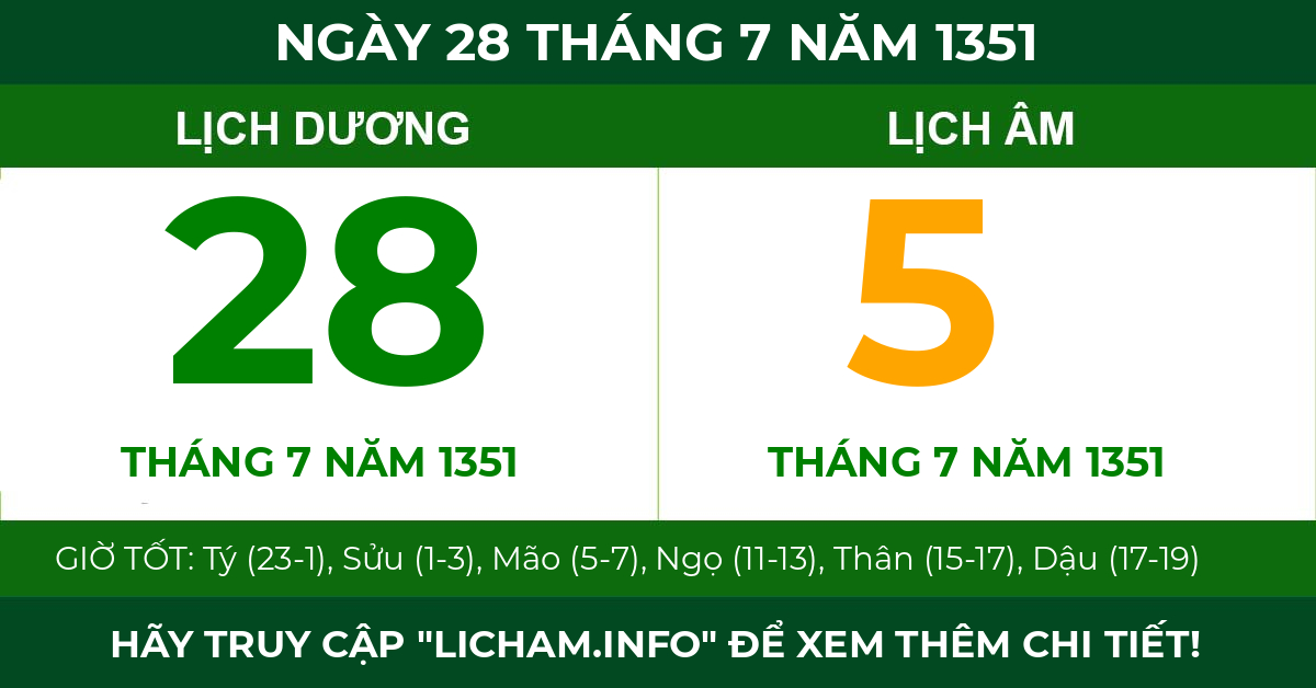 lịch âm ngày 28 tháng 7 năm 1351