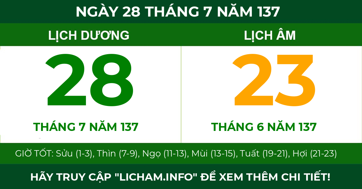 lịch âm ngày 28 tháng 7 năm 137