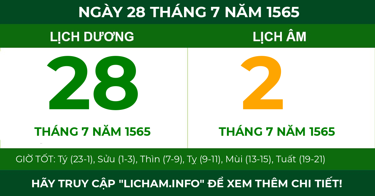 lịch âm ngày 28 tháng 7 năm 1565
