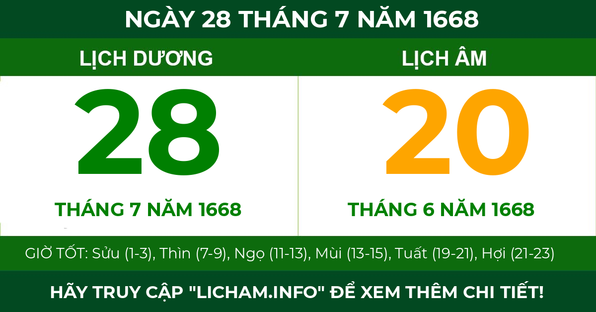 lịch âm ngày 28 tháng 7 năm 1668