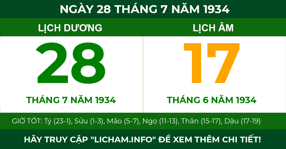 lịch âm ngày 28 tháng 7 năm 1934