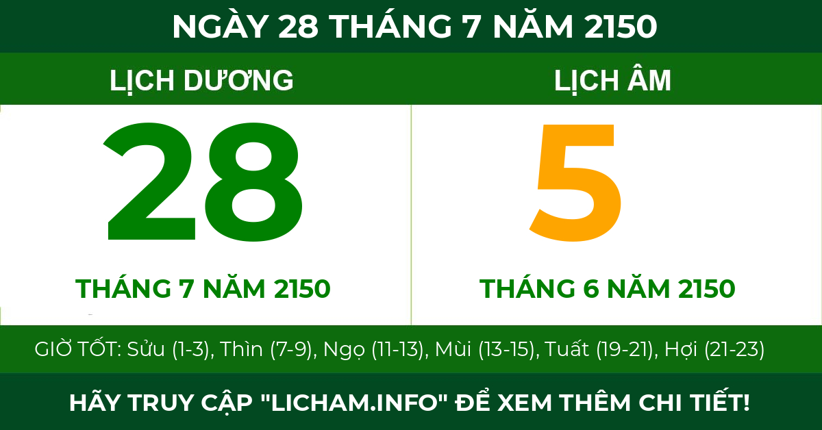 lịch âm ngày 28 tháng 7 năm 2150