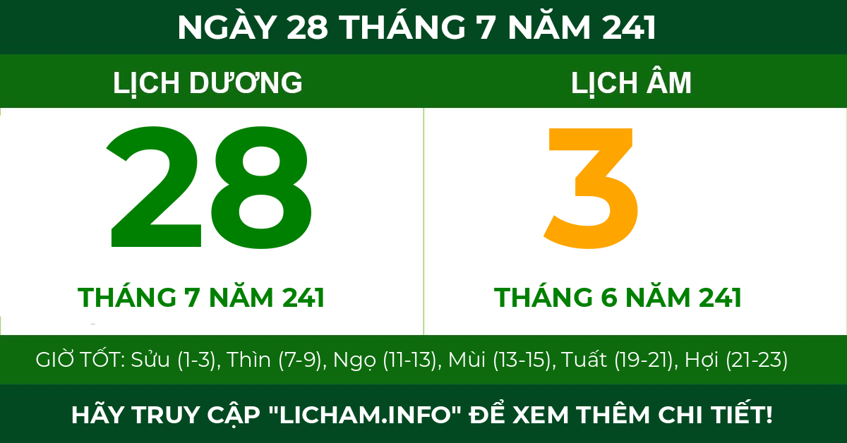 lịch âm ngày 28 tháng 7 năm 241