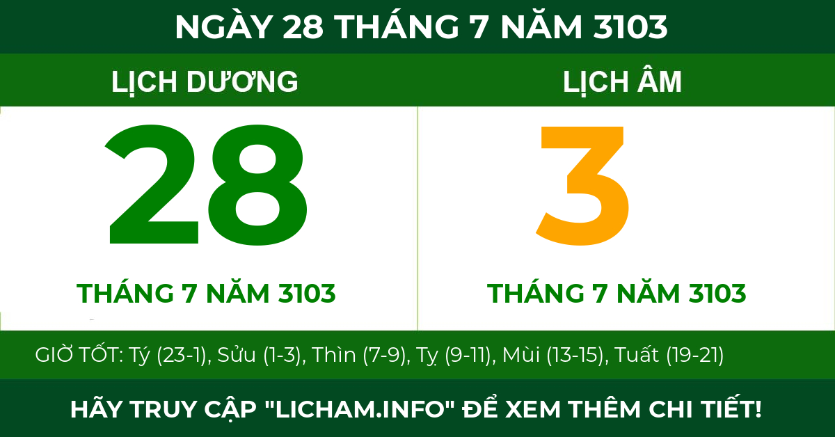 lịch âm ngày 28 tháng 7 năm 3103