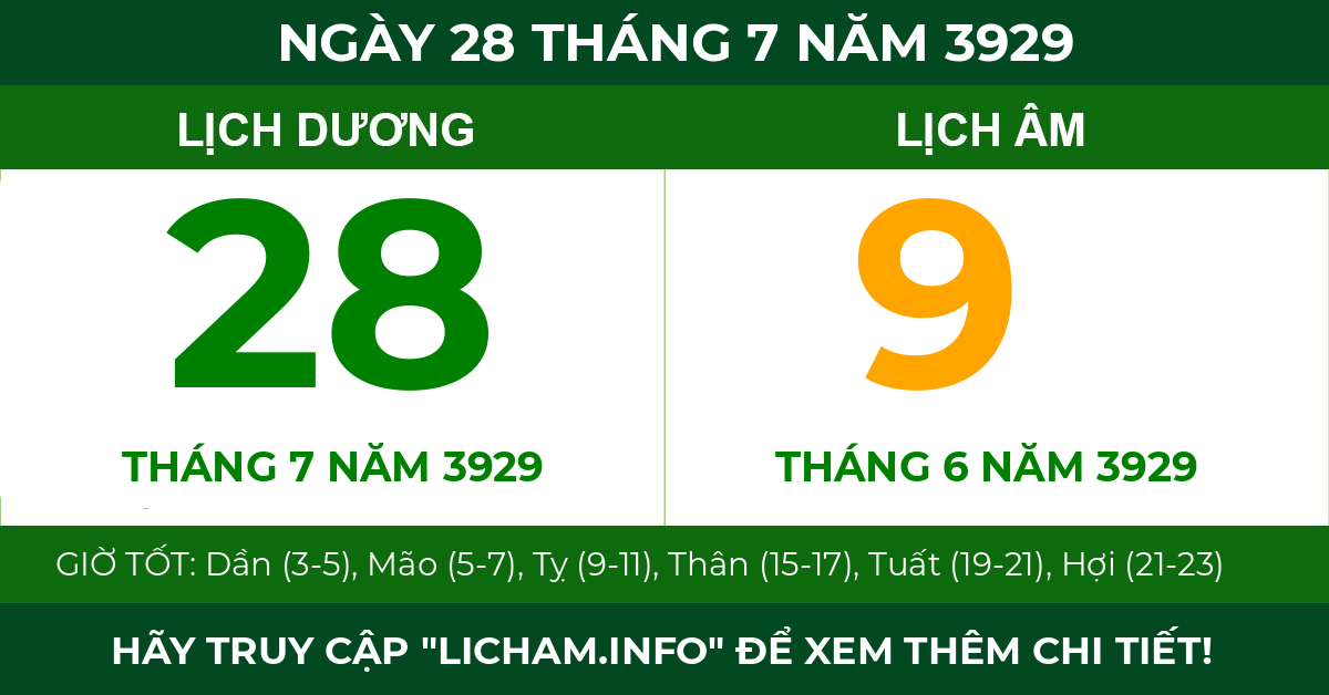 lịch âm ngày 28 tháng 7 năm 3929