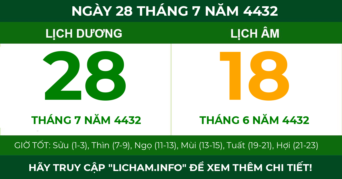 lịch âm ngày 28 tháng 7 năm 4432