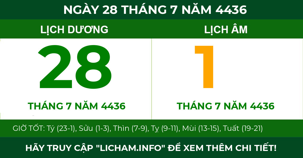 lịch âm ngày 28 tháng 7 năm 4436