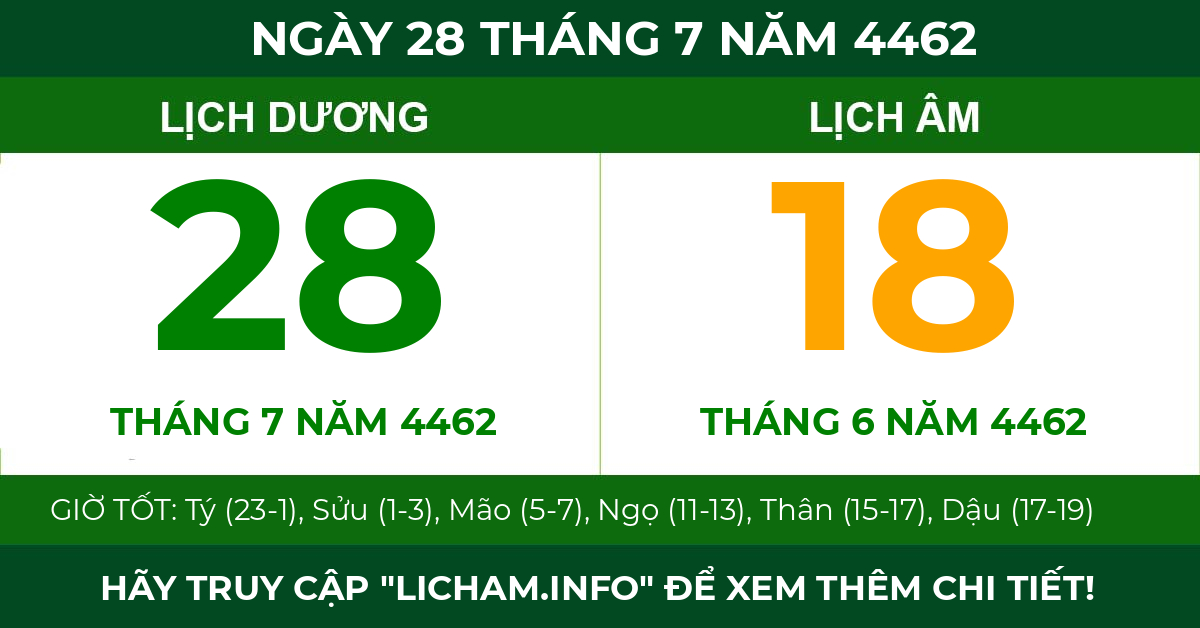 lịch âm ngày 28 tháng 7 năm 4462