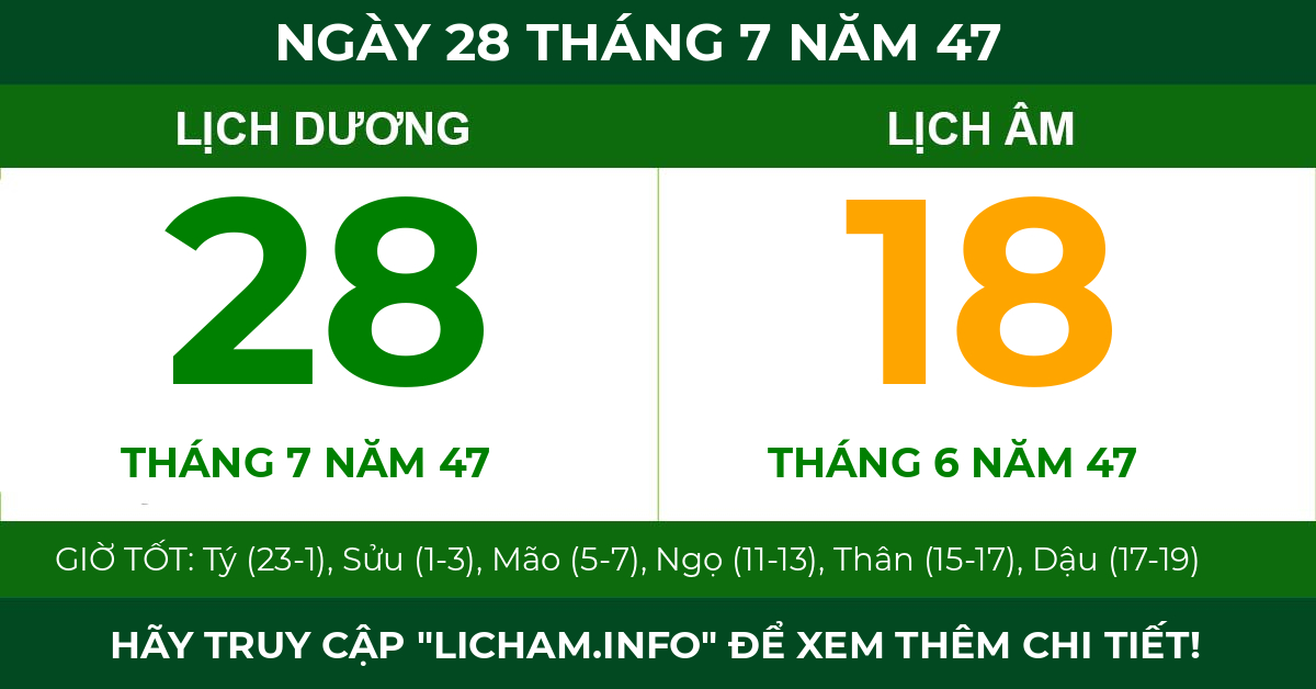 lịch âm ngày 28 tháng 7 năm 47