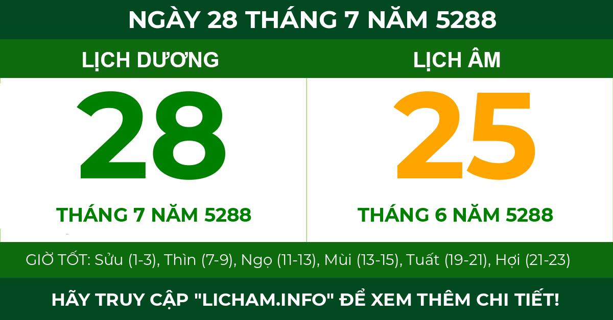 lịch âm ngày 28 tháng 7 năm 5288