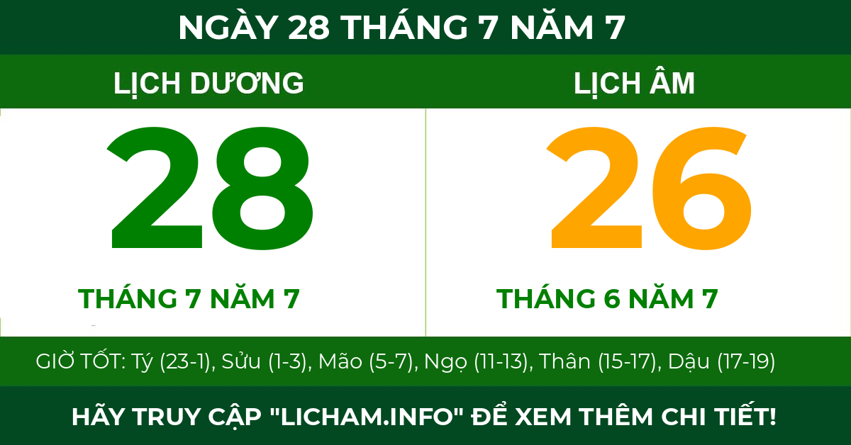 lịch âm ngày 28 tháng 7 năm 7