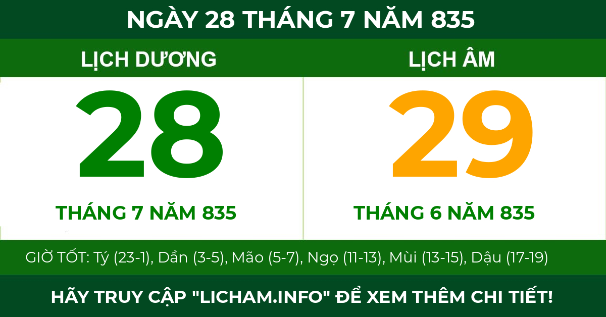lịch âm ngày 28 tháng 7 năm 835