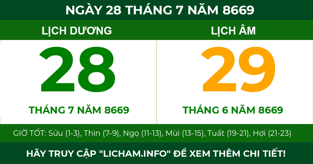 lịch âm ngày 28 tháng 7 năm 8669