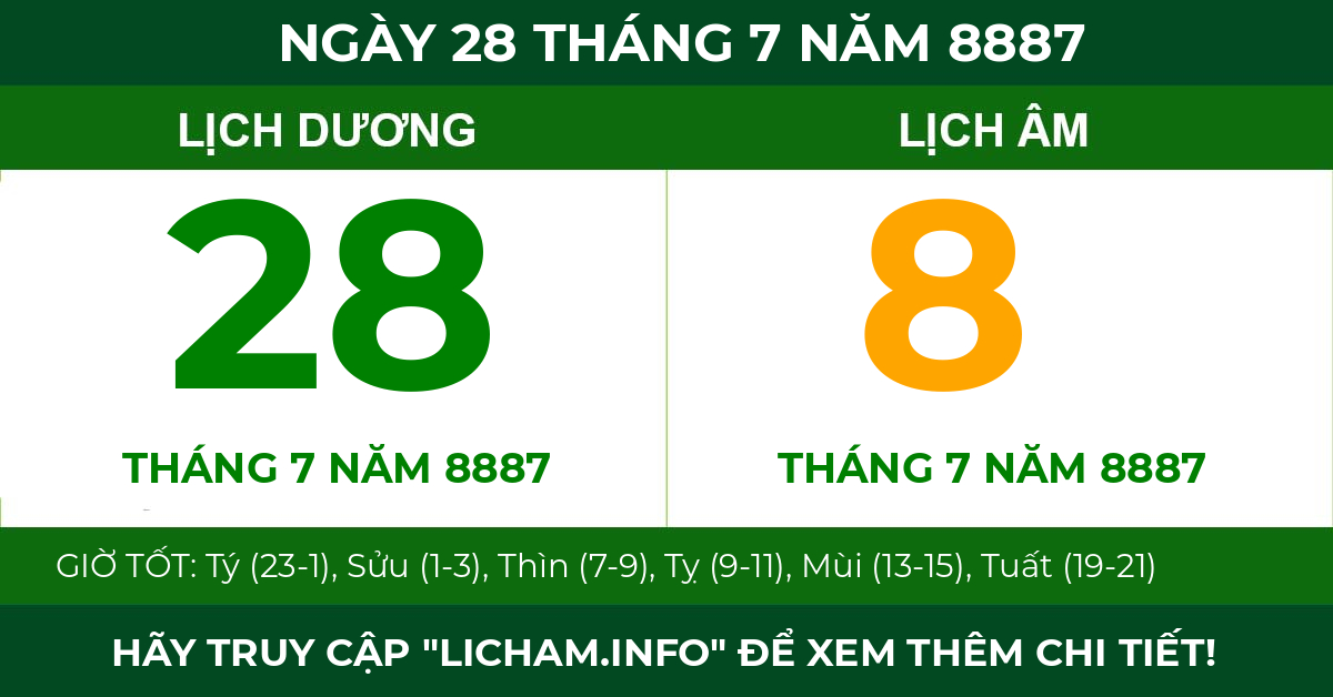 lịch âm ngày 28 tháng 7 năm 8887