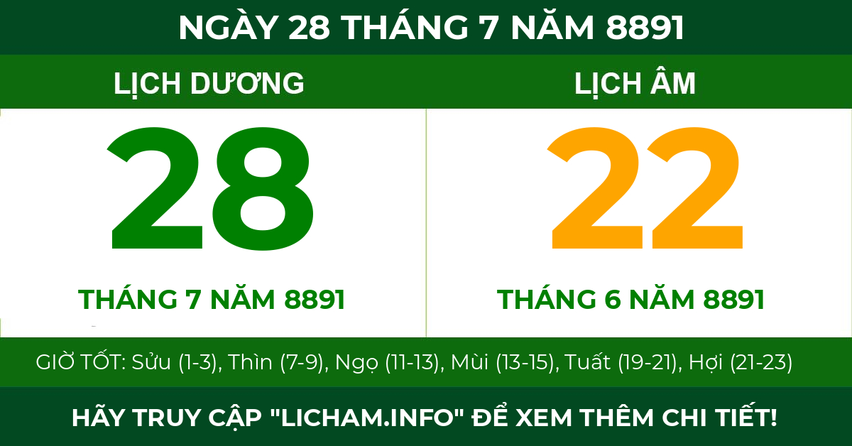 lịch âm ngày 28 tháng 7 năm 8891